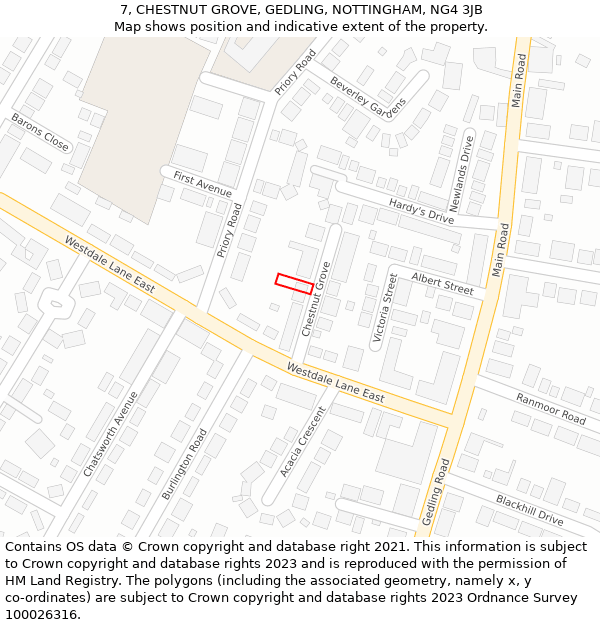 7, CHESTNUT GROVE, GEDLING, NOTTINGHAM, NG4 3JB: Location map and indicative extent of plot