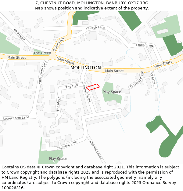 7, CHESTNUT ROAD, MOLLINGTON, BANBURY, OX17 1BG: Location map and indicative extent of plot