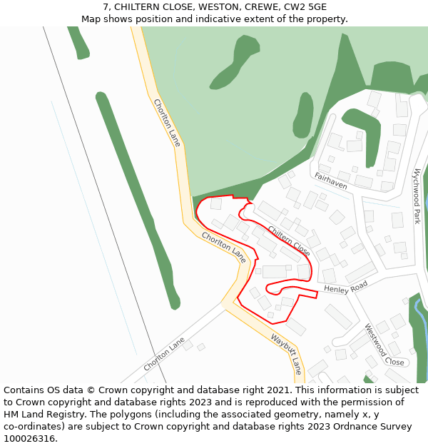 7, CHILTERN CLOSE, WESTON, CREWE, CW2 5GE: Location map and indicative extent of plot