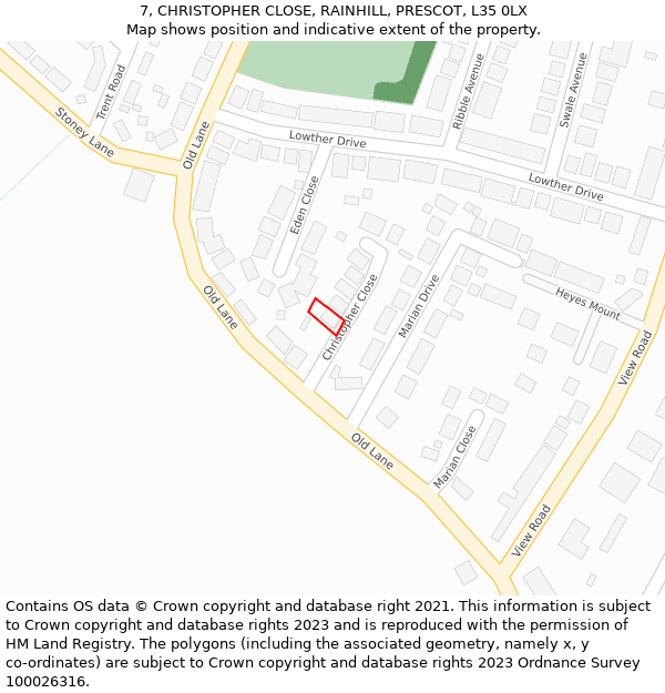 7, CHRISTOPHER CLOSE, RAINHILL, PRESCOT, L35 0LX: Location map and indicative extent of plot