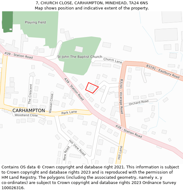 7, CHURCH CLOSE, CARHAMPTON, MINEHEAD, TA24 6NS: Location map and indicative extent of plot