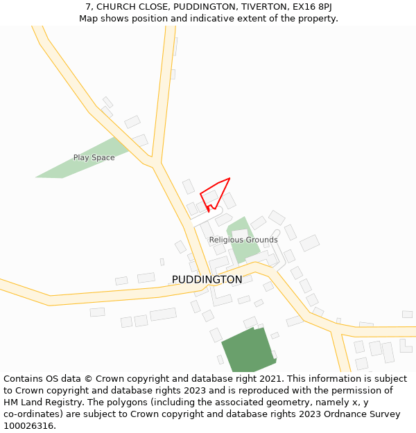 7, CHURCH CLOSE, PUDDINGTON, TIVERTON, EX16 8PJ: Location map and indicative extent of plot