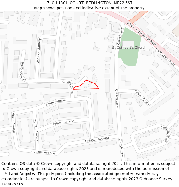 7, CHURCH COURT, BEDLINGTON, NE22 5ST: Location map and indicative extent of plot