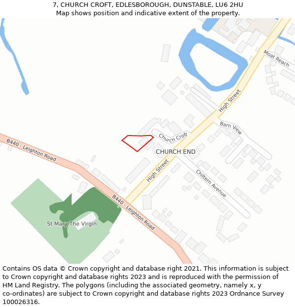 7, CHURCH CROFT, EDLESBOROUGH, DUNSTABLE, LU6 2HU: Location map and indicative extent of plot