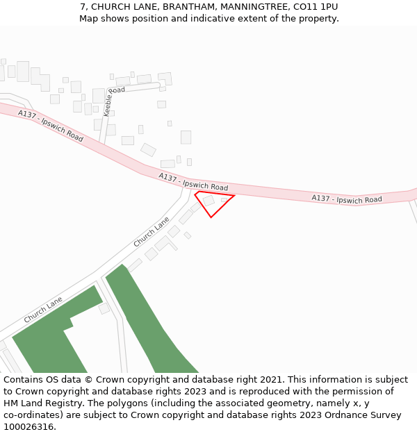 7, CHURCH LANE, BRANTHAM, MANNINGTREE, CO11 1PU: Location map and indicative extent of plot