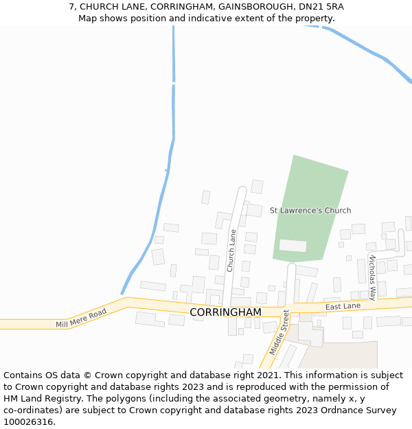 7, CHURCH LANE, CORRINGHAM, GAINSBOROUGH, DN21 5RA: Location map and indicative extent of plot