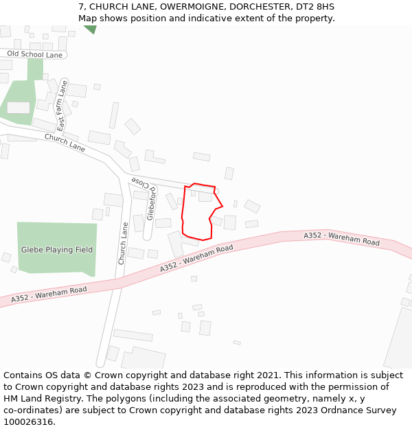 7, CHURCH LANE, OWERMOIGNE, DORCHESTER, DT2 8HS: Location map and indicative extent of plot