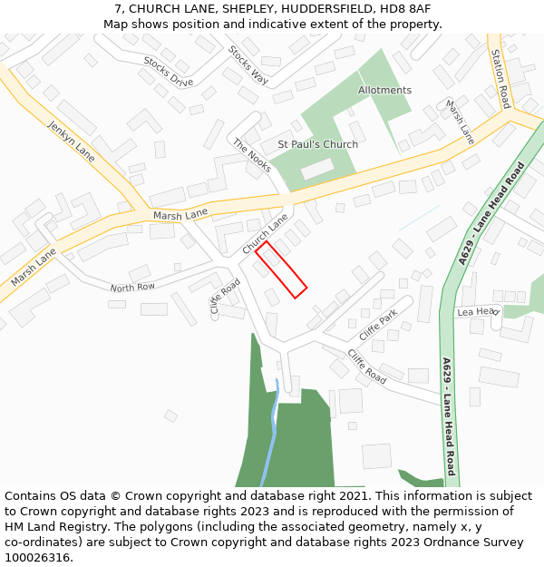 7, CHURCH LANE, SHEPLEY, HUDDERSFIELD, HD8 8AF: Location map and indicative extent of plot