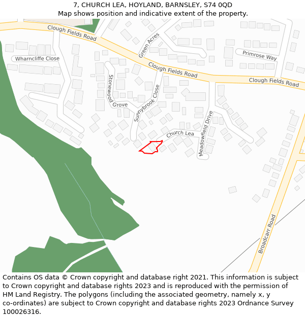 7, CHURCH LEA, HOYLAND, BARNSLEY, S74 0QD: Location map and indicative extent of plot