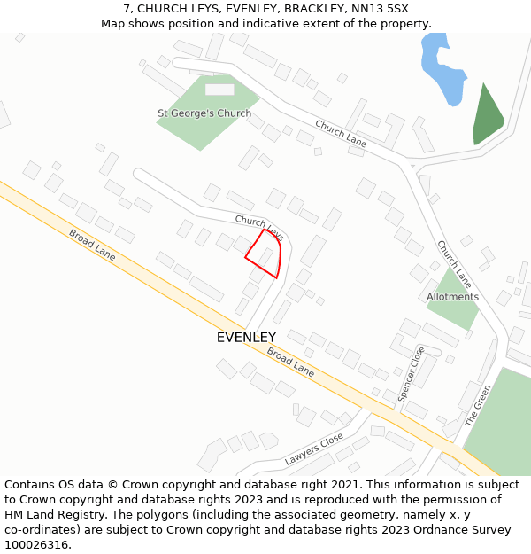 7, CHURCH LEYS, EVENLEY, BRACKLEY, NN13 5SX: Location map and indicative extent of plot