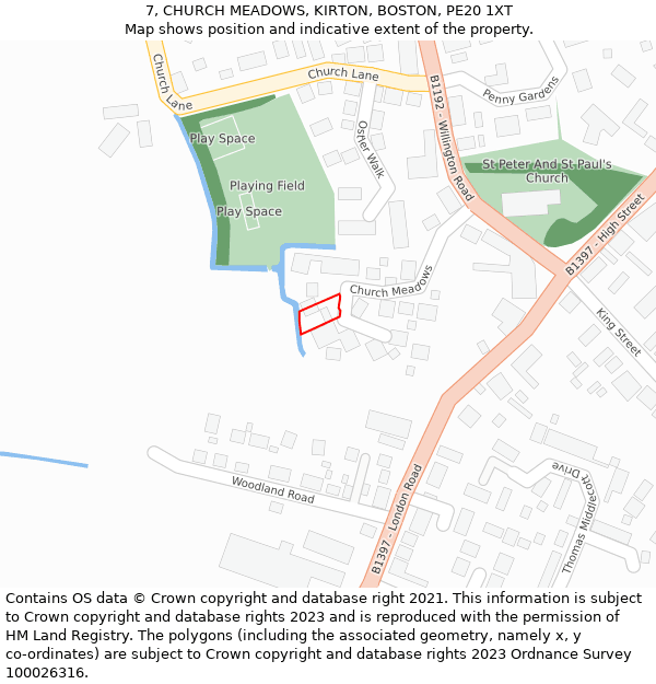 7, CHURCH MEADOWS, KIRTON, BOSTON, PE20 1XT: Location map and indicative extent of plot