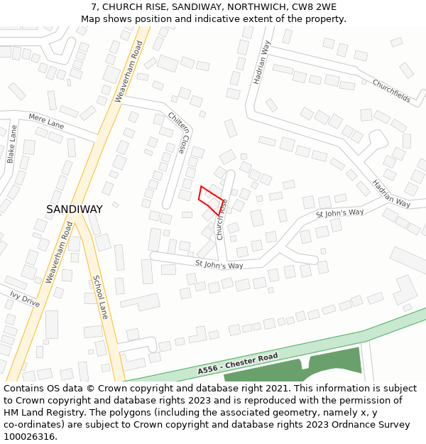 7, CHURCH RISE, SANDIWAY, NORTHWICH, CW8 2WE: Location map and indicative extent of plot