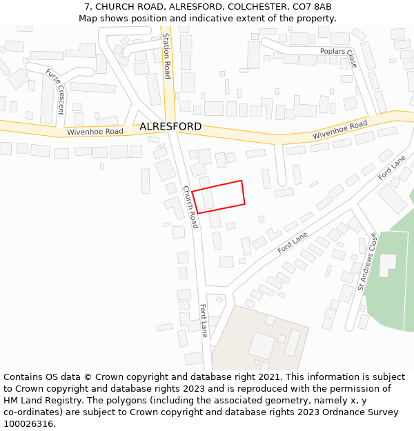 7, CHURCH ROAD, ALRESFORD, COLCHESTER, CO7 8AB: Location map and indicative extent of plot