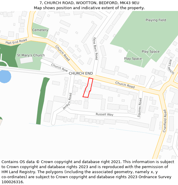 7, CHURCH ROAD, WOOTTON, BEDFORD, MK43 9EU: Location map and indicative extent of plot