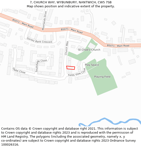 7, CHURCH WAY, WYBUNBURY, NANTWICH, CW5 7SB: Location map and indicative extent of plot