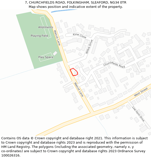 7, CHURCHFIELDS ROAD, FOLKINGHAM, SLEAFORD, NG34 0TR: Location map and indicative extent of plot