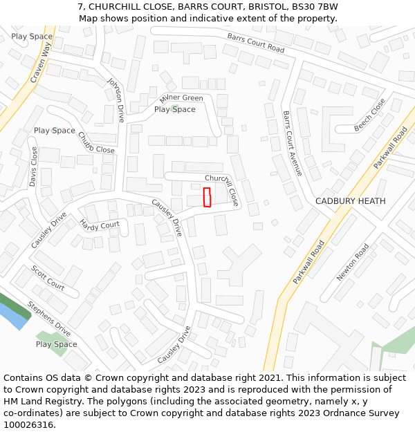 7, CHURCHILL CLOSE, BARRS COURT, BRISTOL, BS30 7BW: Location map and indicative extent of plot