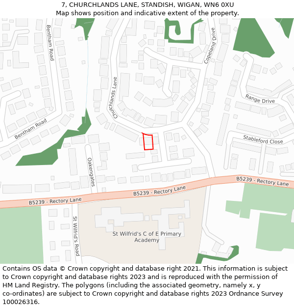 7, CHURCHLANDS LANE, STANDISH, WIGAN, WN6 0XU: Location map and indicative extent of plot