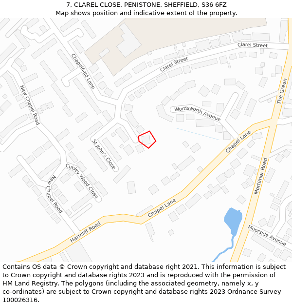 7, CLAREL CLOSE, PENISTONE, SHEFFIELD, S36 6FZ: Location map and indicative extent of plot