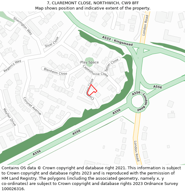 7, CLAREMONT CLOSE, NORTHWICH, CW9 8FF: Location map and indicative extent of plot