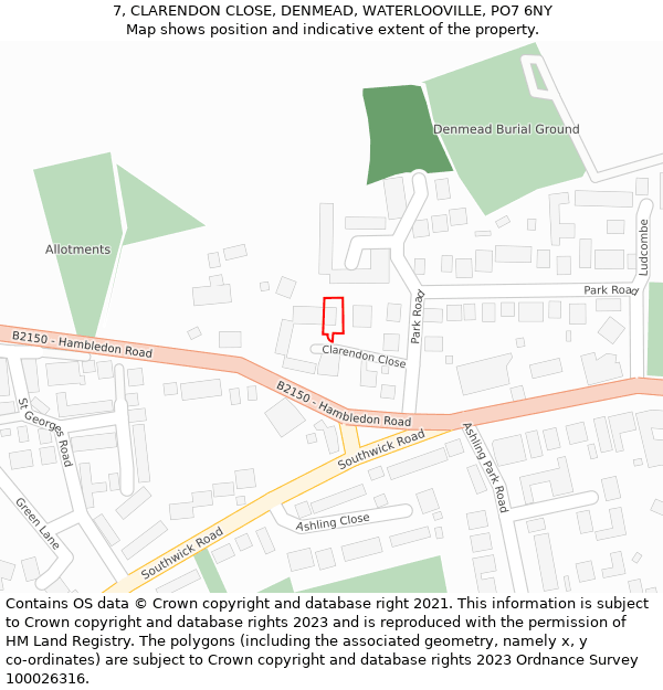 7, CLARENDON CLOSE, DENMEAD, WATERLOOVILLE, PO7 6NY: Location map and indicative extent of plot