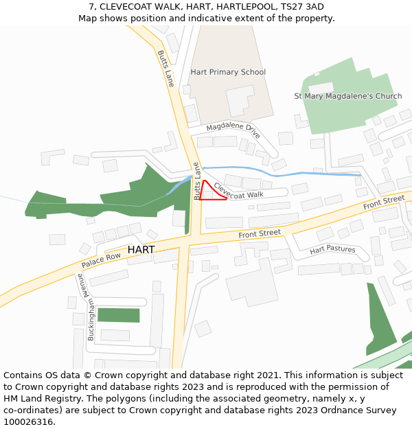 7, CLEVECOAT WALK, HART, HARTLEPOOL, TS27 3AD: Location map and indicative extent of plot