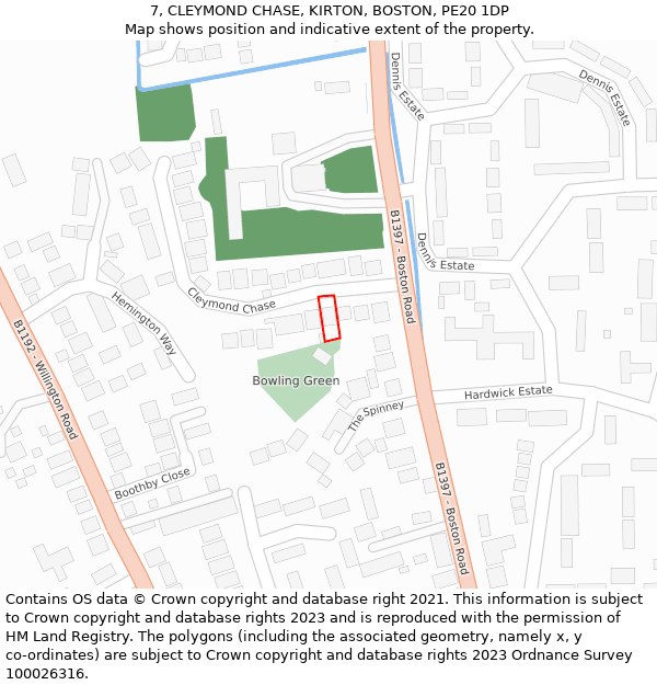 7, CLEYMOND CHASE, KIRTON, BOSTON, PE20 1DP: Location map and indicative extent of plot