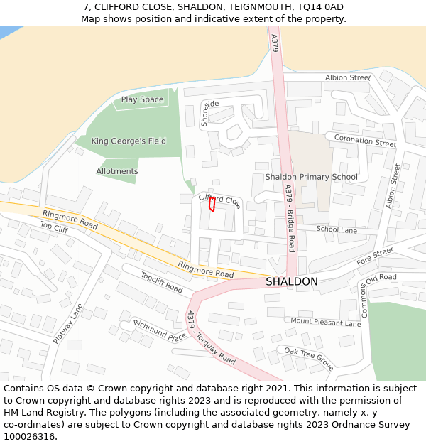 7, CLIFFORD CLOSE, SHALDON, TEIGNMOUTH, TQ14 0AD: Location map and indicative extent of plot