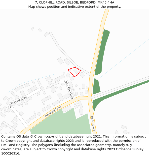7, CLOPHILL ROAD, SILSOE, BEDFORD, MK45 4HA: Location map and indicative extent of plot