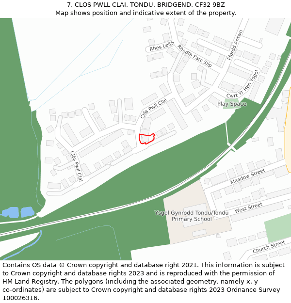 7, CLOS PWLL CLAI, TONDU, BRIDGEND, CF32 9BZ: Location map and indicative extent of plot