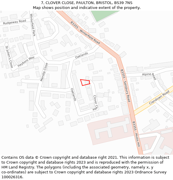 7, CLOVER CLOSE, PAULTON, BRISTOL, BS39 7NS: Location map and indicative extent of plot