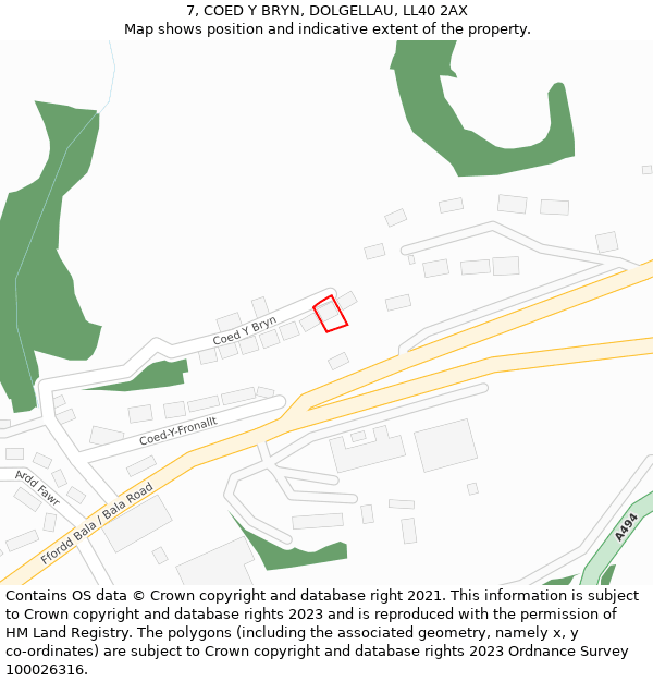 7, COED Y BRYN, DOLGELLAU, LL40 2AX: Location map and indicative extent of plot