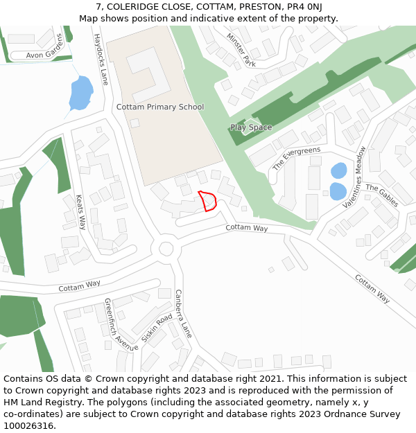 7, COLERIDGE CLOSE, COTTAM, PRESTON, PR4 0NJ: Location map and indicative extent of plot