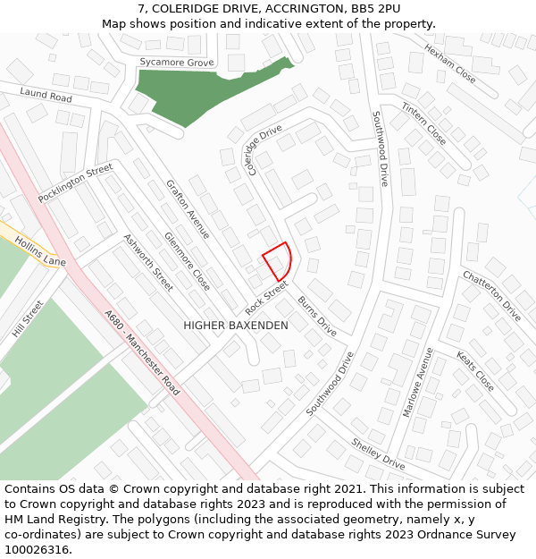 7, COLERIDGE DRIVE, ACCRINGTON, BB5 2PU: Location map and indicative extent of plot