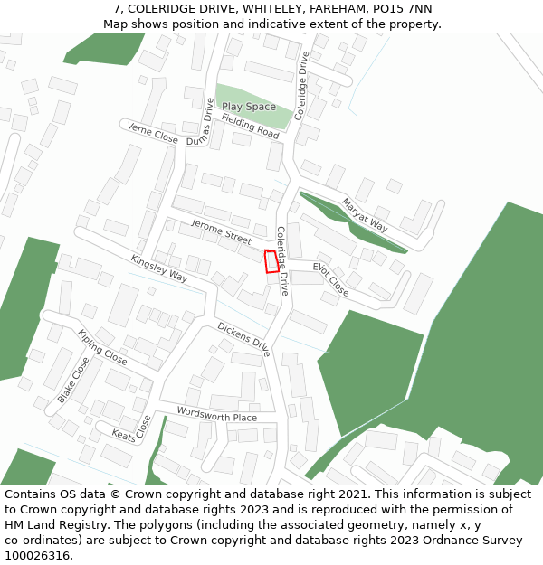 7, COLERIDGE DRIVE, WHITELEY, FAREHAM, PO15 7NN: Location map and indicative extent of plot