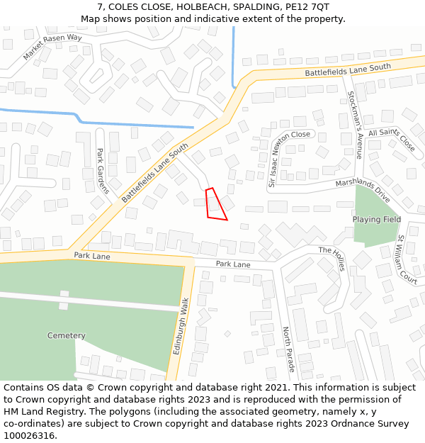 7, COLES CLOSE, HOLBEACH, SPALDING, PE12 7QT: Location map and indicative extent of plot