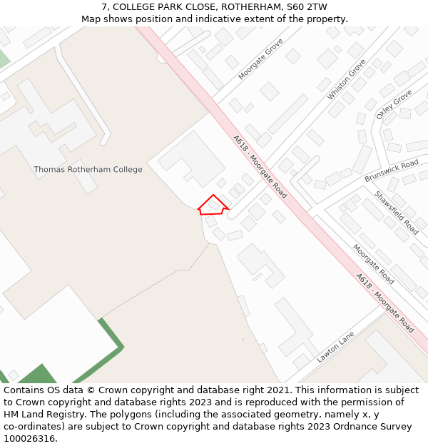 7, COLLEGE PARK CLOSE, ROTHERHAM, S60 2TW: Location map and indicative extent of plot