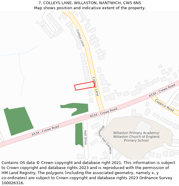 7, COLLEYS LANE, WILLASTON, NANTWICH, CW5 6NS: Location map and indicative extent of plot