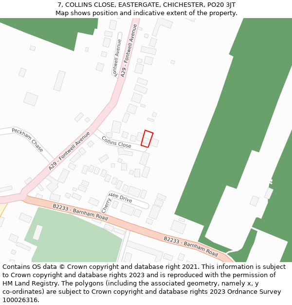 7, COLLINS CLOSE, EASTERGATE, CHICHESTER, PO20 3JT: Location map and indicative extent of plot