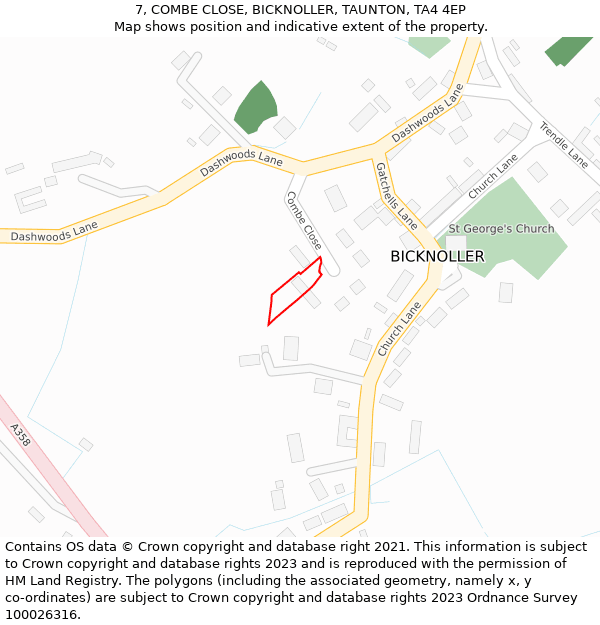 7, COMBE CLOSE, BICKNOLLER, TAUNTON, TA4 4EP: Location map and indicative extent of plot