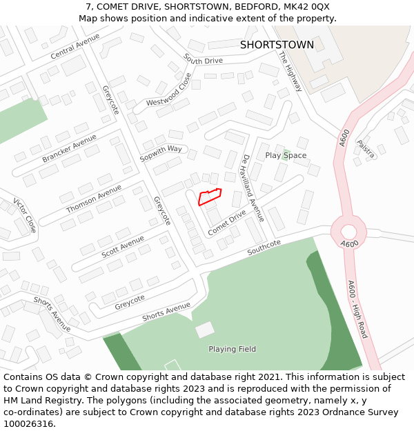 7, COMET DRIVE, SHORTSTOWN, BEDFORD, MK42 0QX: Location map and indicative extent of plot