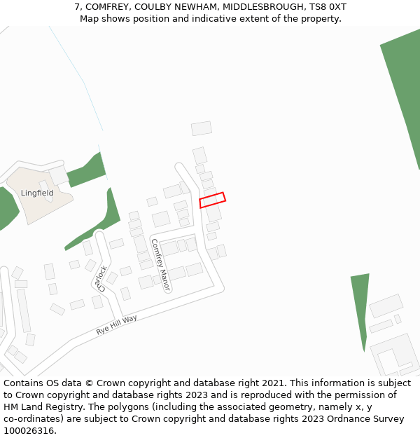 7, COMFREY, COULBY NEWHAM, MIDDLESBROUGH, TS8 0XT: Location map and indicative extent of plot