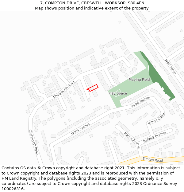 7, COMPTON DRIVE, CRESWELL, WORKSOP, S80 4EN: Location map and indicative extent of plot