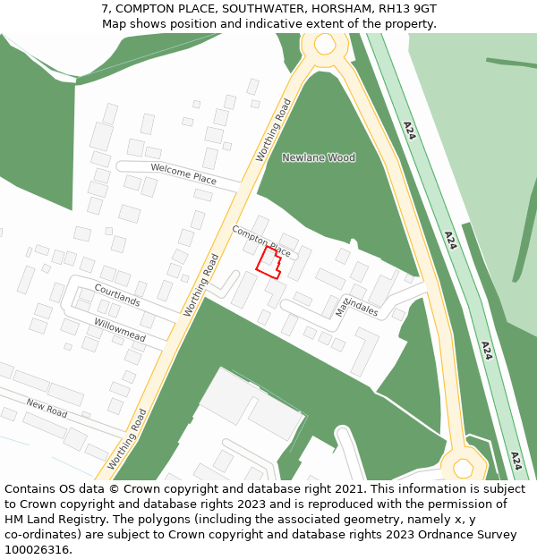 7, COMPTON PLACE, SOUTHWATER, HORSHAM, RH13 9GT: Location map and indicative extent of plot