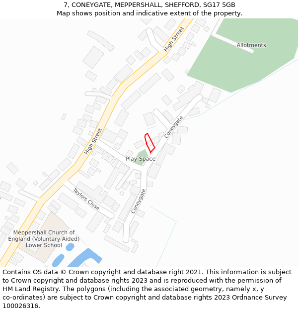 7, CONEYGATE, MEPPERSHALL, SHEFFORD, SG17 5GB: Location map and indicative extent of plot