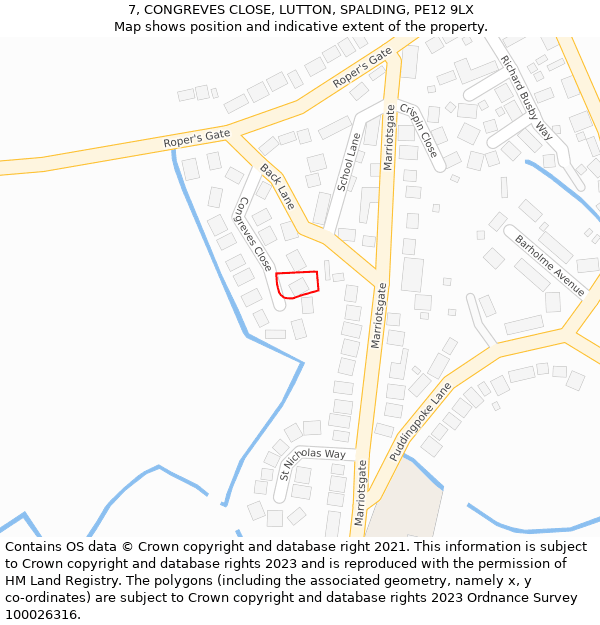 7, CONGREVES CLOSE, LUTTON, SPALDING, PE12 9LX: Location map and indicative extent of plot