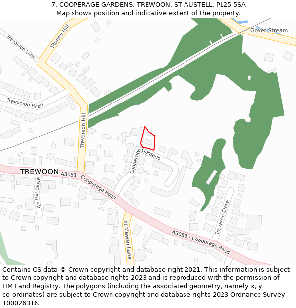 7, COOPERAGE GARDENS, TREWOON, ST AUSTELL, PL25 5SA: Location map and indicative extent of plot