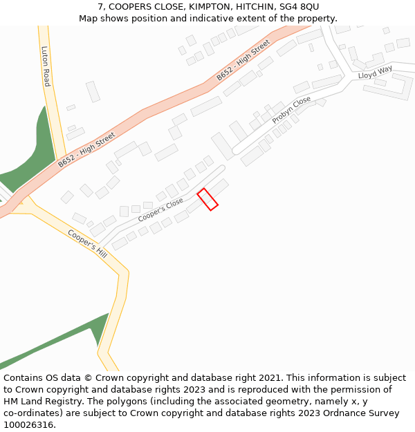 7, COOPERS CLOSE, KIMPTON, HITCHIN, SG4 8QU: Location map and indicative extent of plot