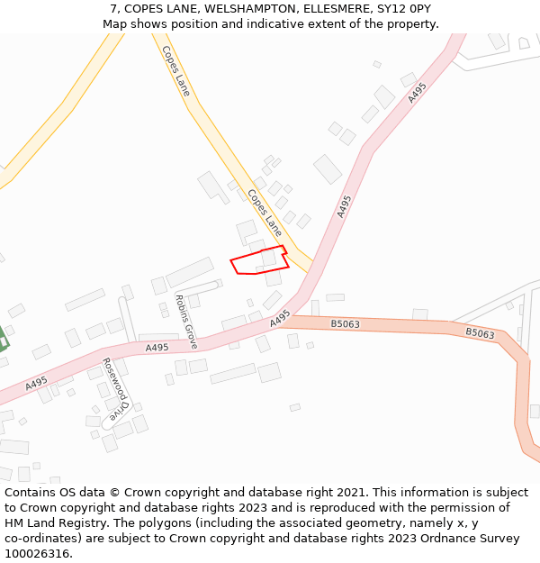 7, COPES LANE, WELSHAMPTON, ELLESMERE, SY12 0PY: Location map and indicative extent of plot