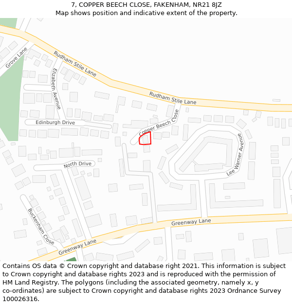 7, COPPER BEECH CLOSE, FAKENHAM, NR21 8JZ: Location map and indicative extent of plot